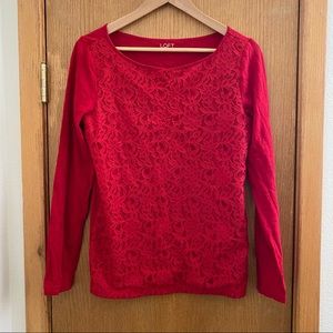 LOFT • Red Lace Front Long-Sleeve Top - Size M